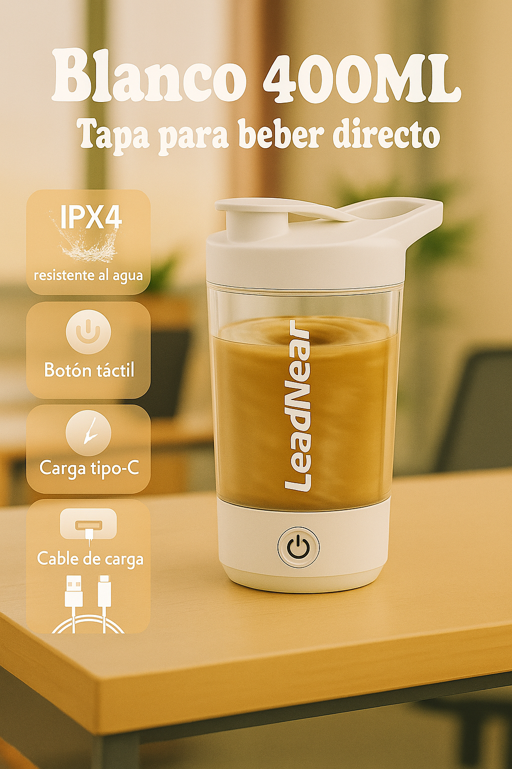 Shaker Eléctrico para batidos de proteínas y comida, agitador recargable por conexión USB